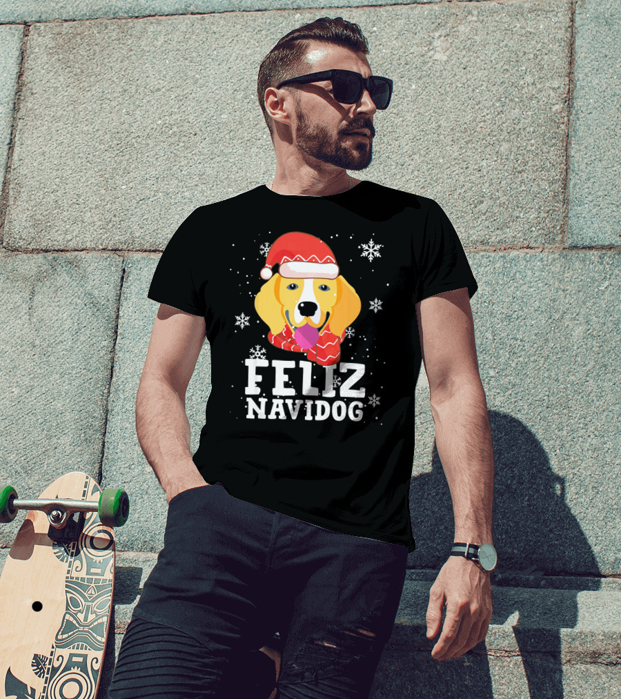 Feliz Navidog Beagle Dog Funny Christmas Snowflakes Santa Hat T-Shirt