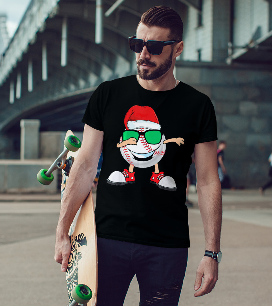 Dabbing Baseball With Santa Hat And Sunglasses T-Shirt