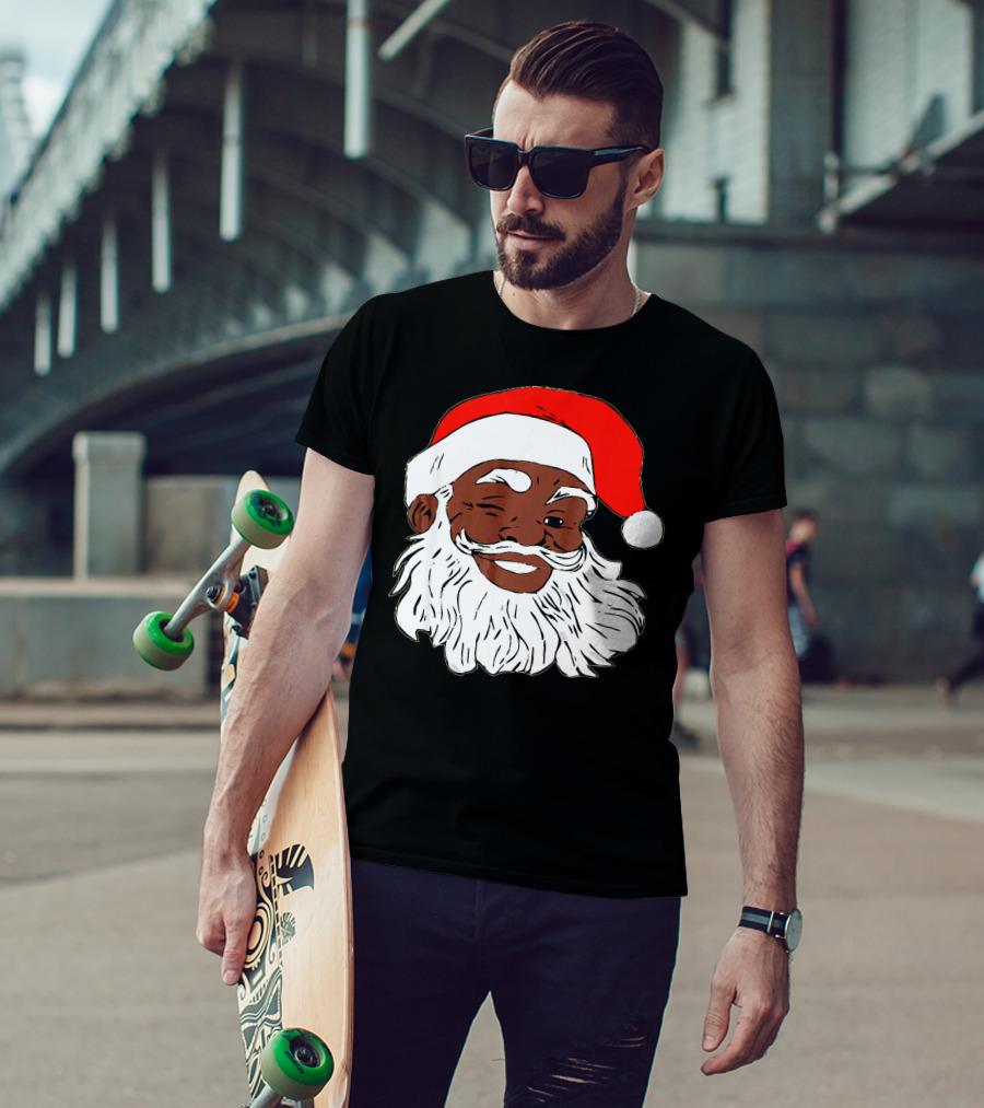 Black Santa Claus Winking In Red Hat T-Shirt