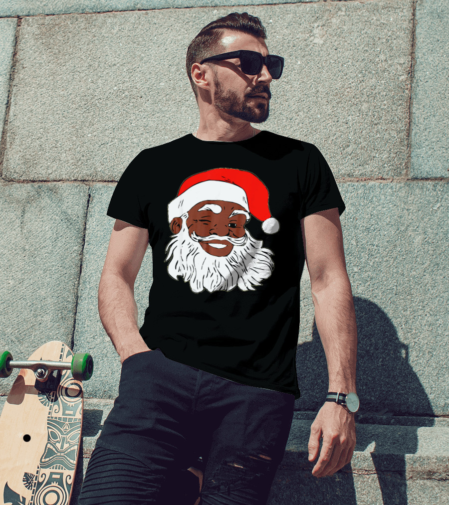 Black Santa Claus Winking In Red Hat T-Shirt