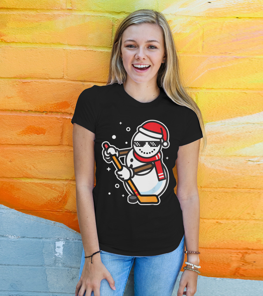 Ice Hockey Player Snowman Funny Boy Cool Nerd Santa T-Shirt