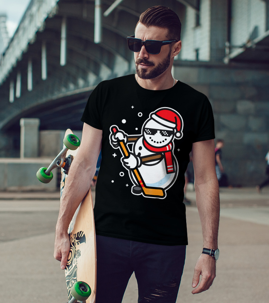 Ice Hockey Player Snowman Funny Boy Cool Nerd Santa T-Shirt