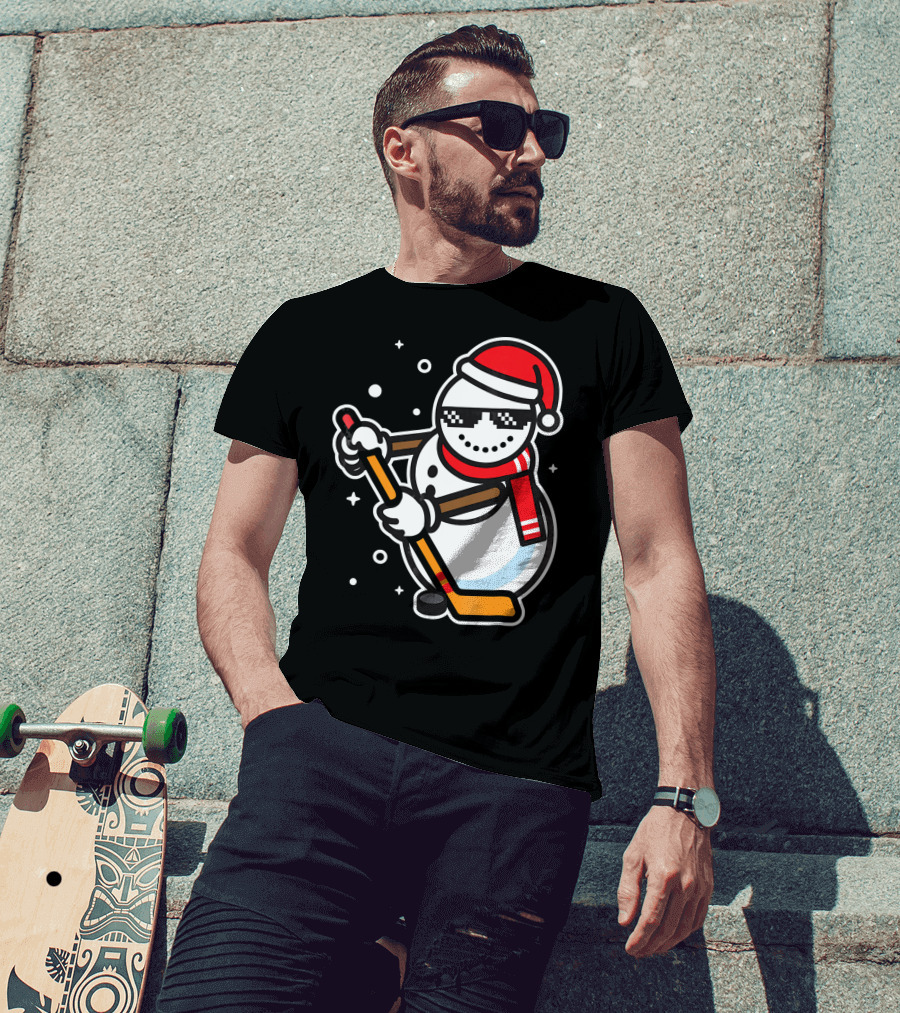 Ice Hockey Player Snowman Funny Boy Cool Nerd Santa T-Shirt