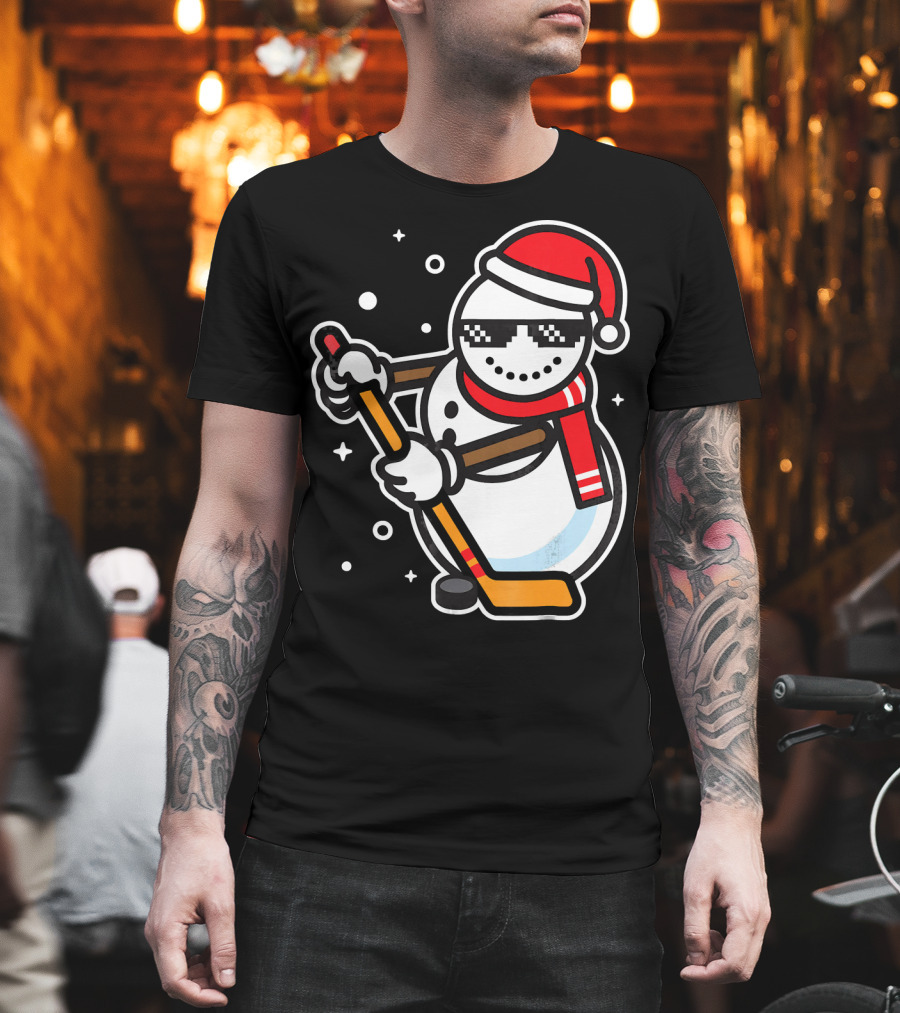 Ice Hockey Player Snowman Funny Boy Cool Nerd Santa T-Shirt