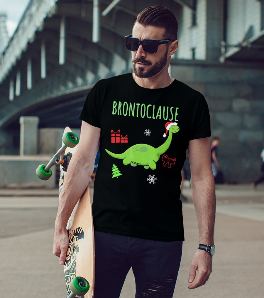 Brontoclause Christmas Dinosaur With Santa Hat And Holiday Gifts T-Shirt