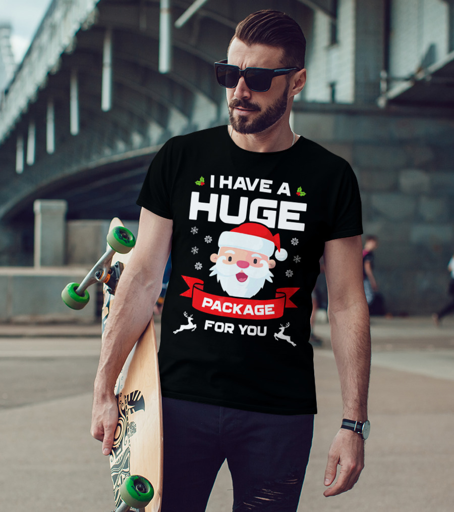 I Have A Huge Package For You Santa Snowflakes Reindeer Christmas T-Shirt