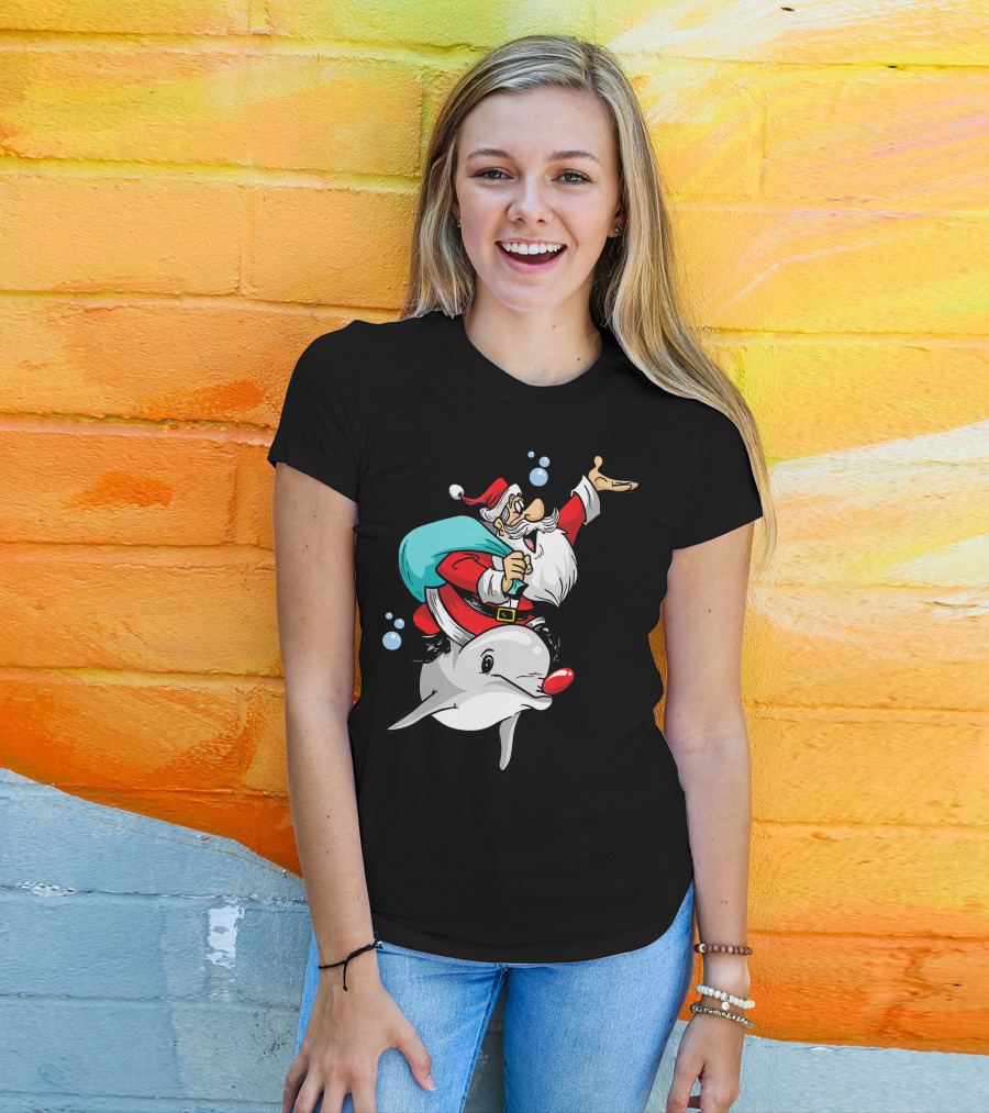 Christmas In July Santa Riding A Rudolph-Nosed Dolphin T-Shirt