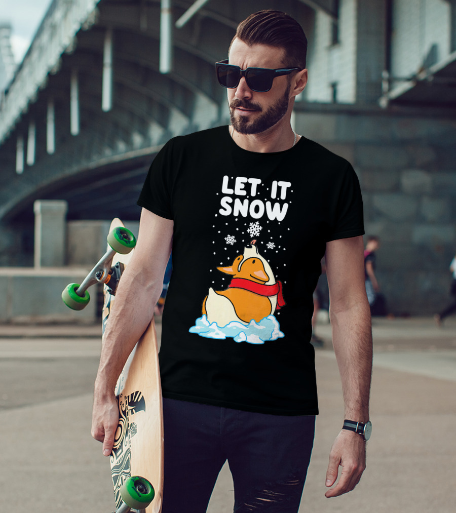 Let It Snow Corgi With Red Scarf In Snowfall T-Shirt