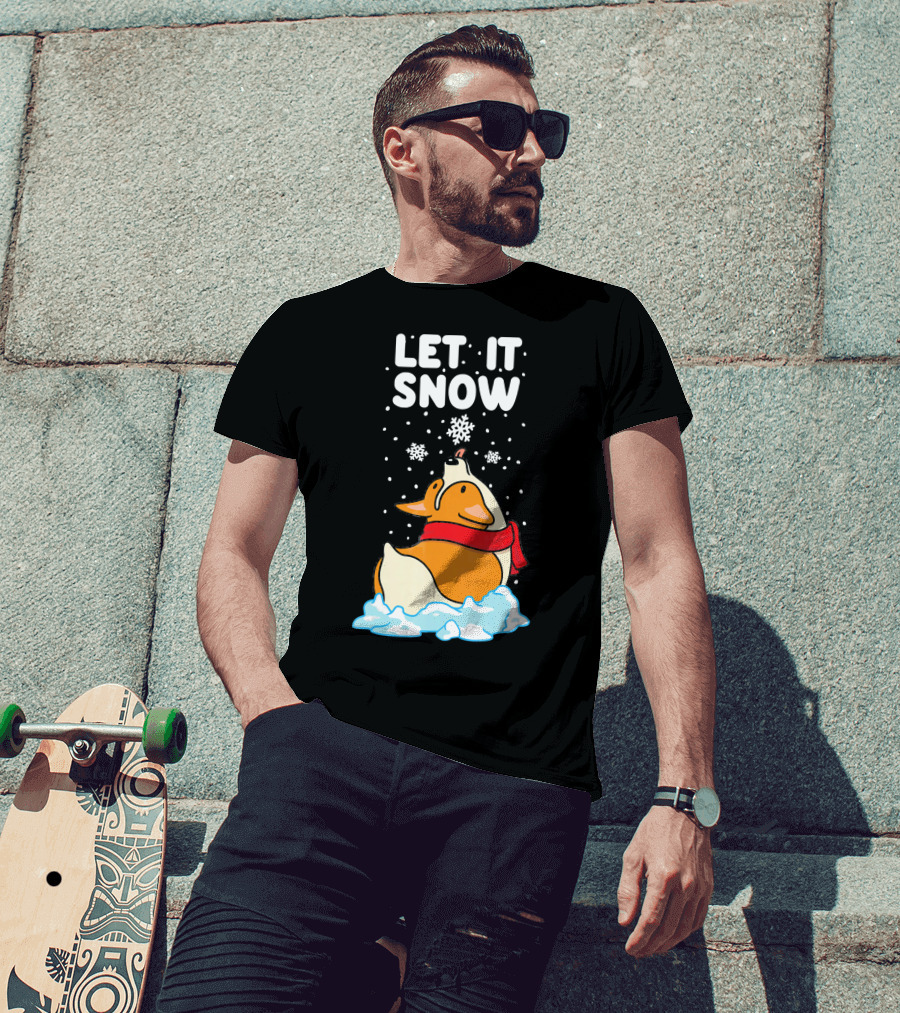 Let It Snow Corgi With Red Scarf In Snowfall T-Shirt