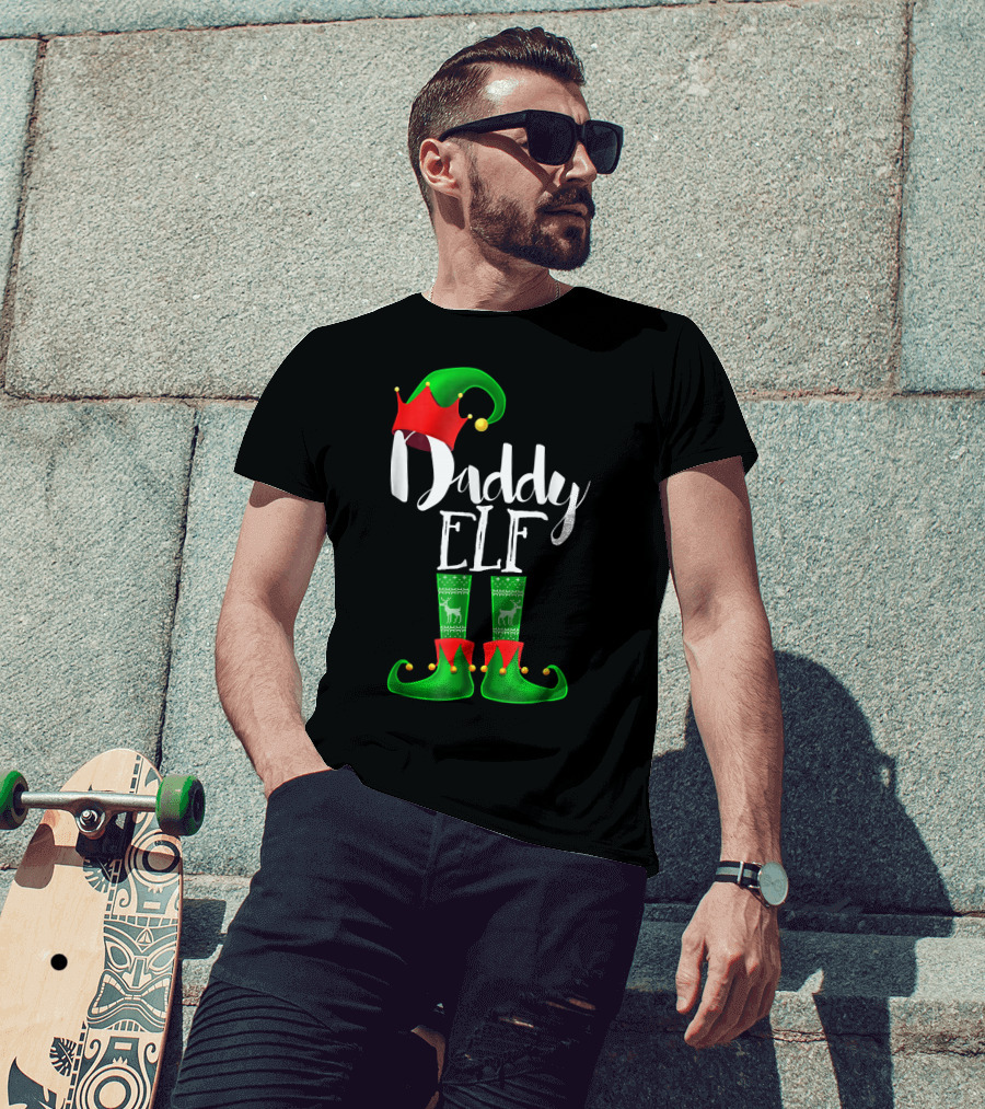Daddy Elf Christmas Hat And Boots With Festive Green Socks T-Shirt