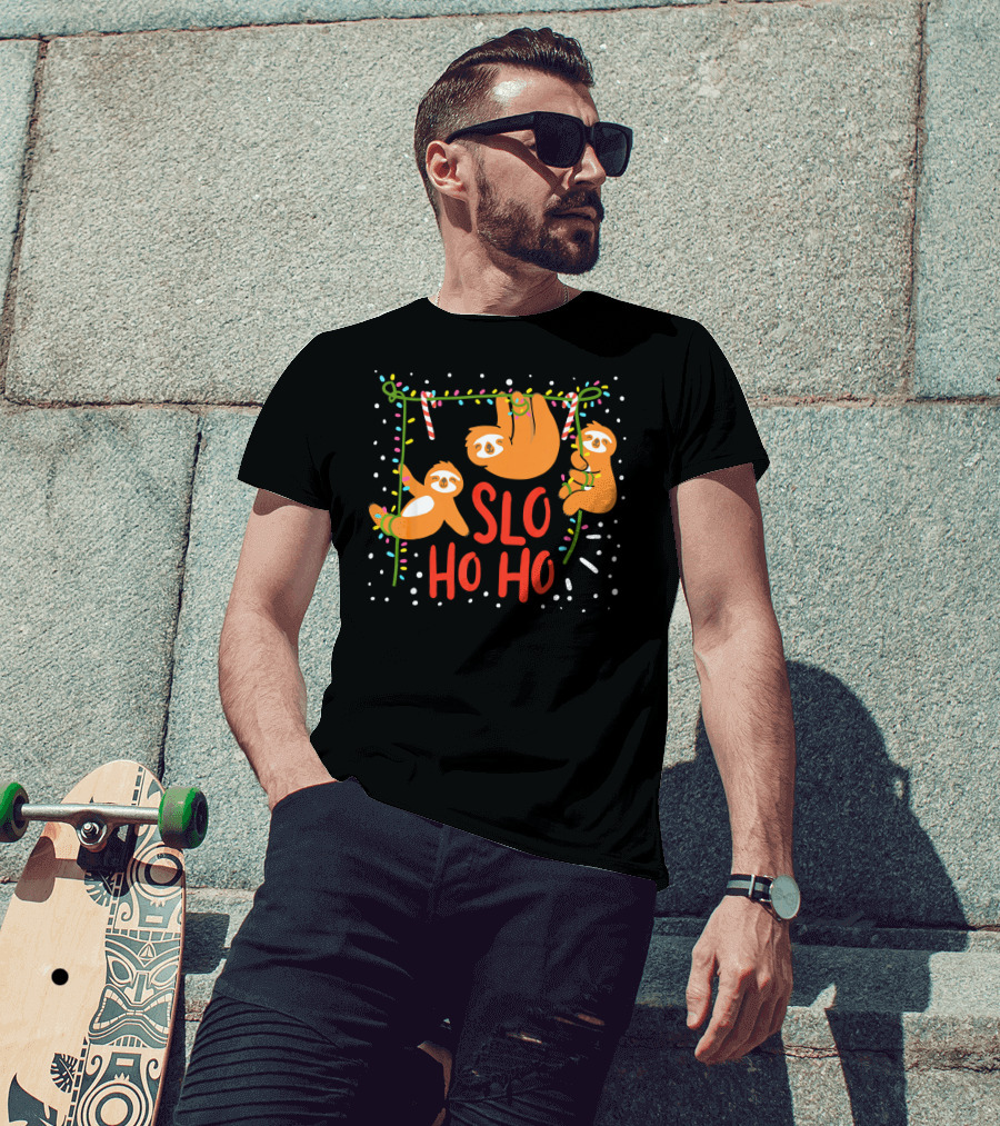 Slo Ho Ho Ho Christmas Sloth Hanging With Candy Cane And Lights T-Shirt