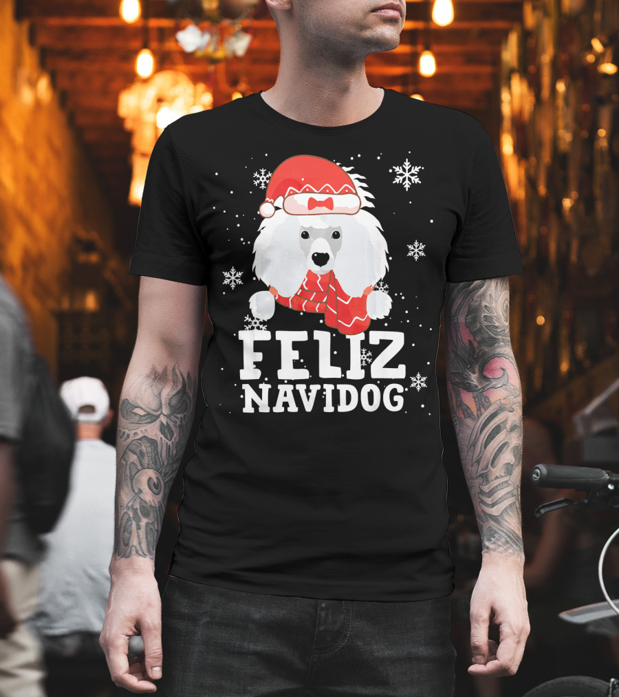 Feliz Navidog Poodle Dog Snowflakes Santa Hat Red Scarf T-Shirt