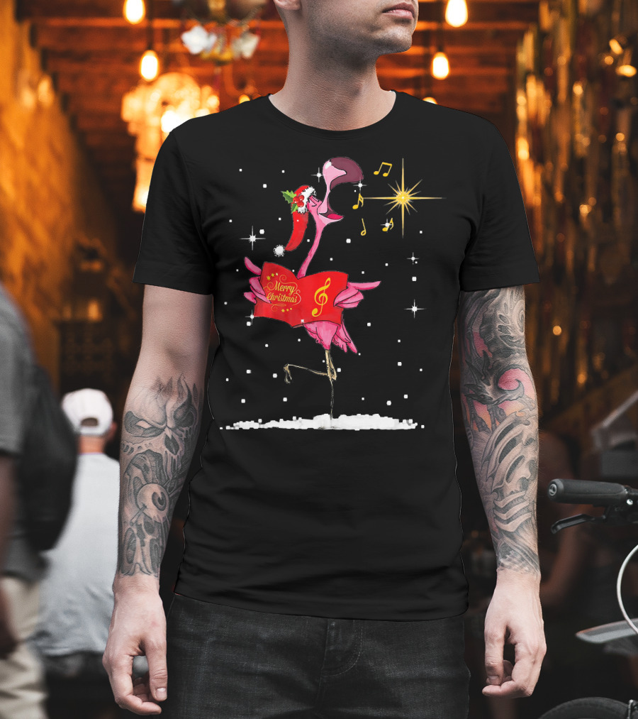 Funny Flamingo Sings Merry Christmas Song with Musical Notes and Santa Hat T-Shirt