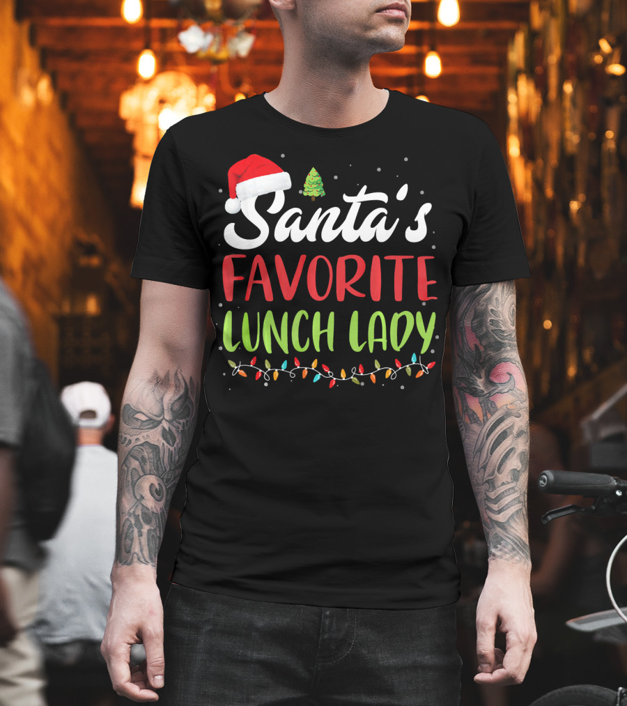 Santa's Favorite Lunch Lady Christmas Lights Santa Hat Tree T-Shirt