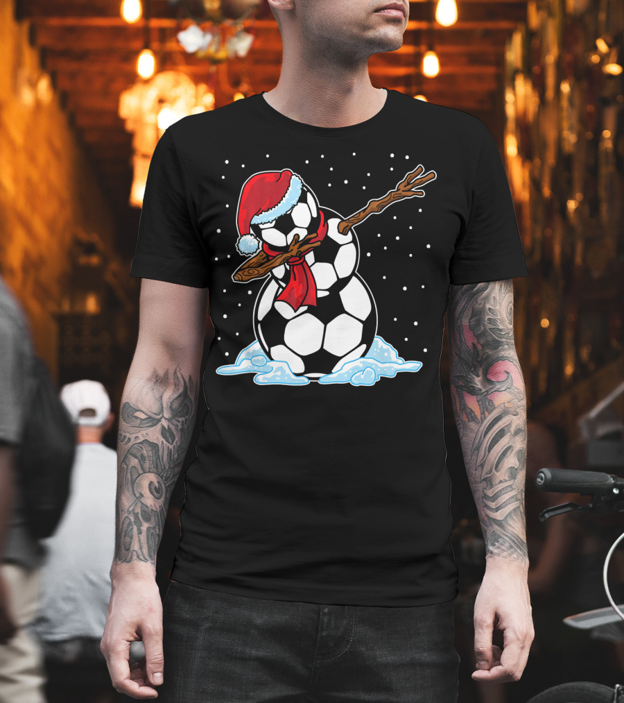 Santa Hat Soccer Ball Snowman with Red Scarf Dabbing in Snowflakes T-Shirt