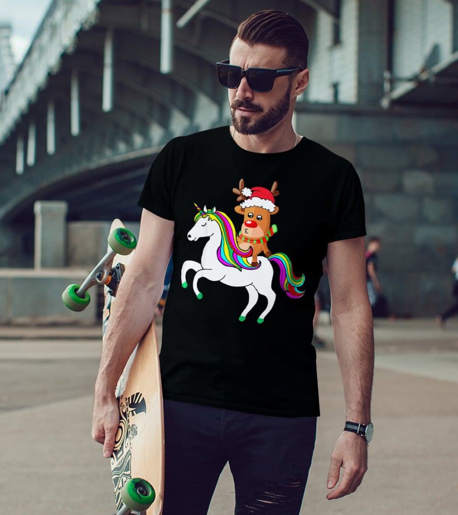 Reindeer In Santa Hat Riding Colorful-Maned Unicorn T-Shirt