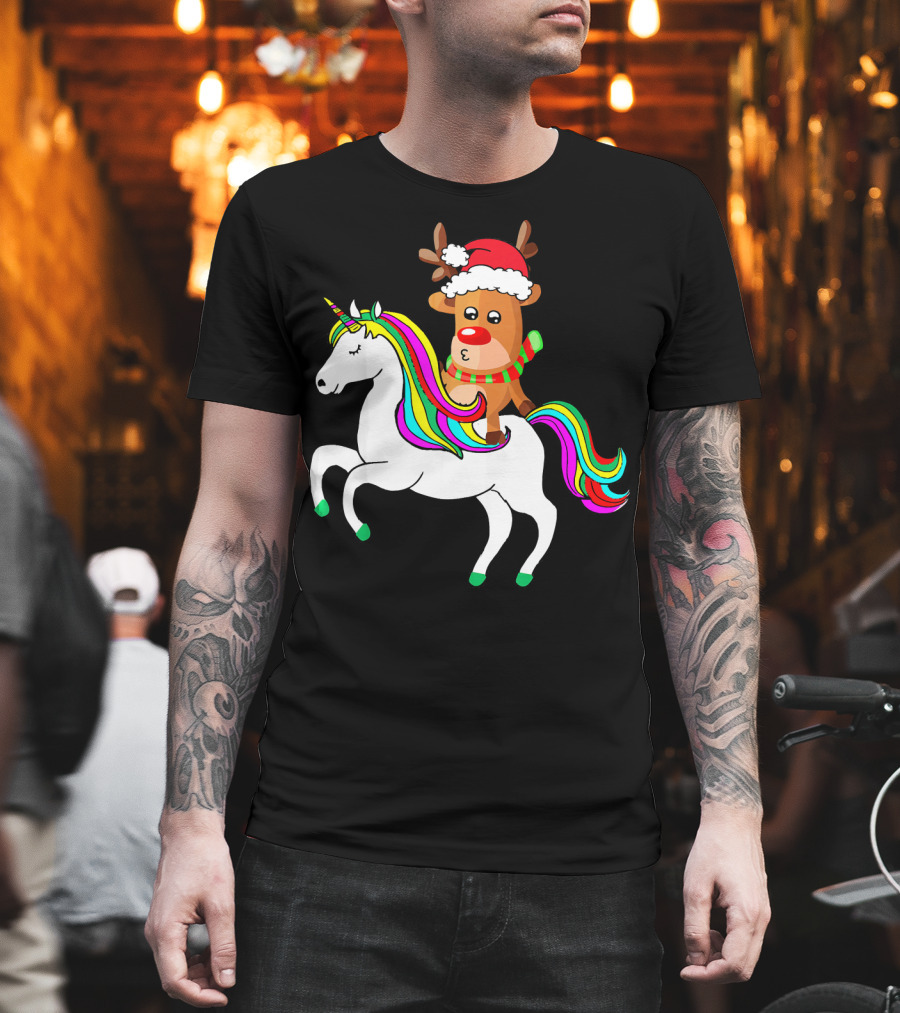 Reindeer in Santa Hat Riding Colorful-Maned Unicorn T-Shirt