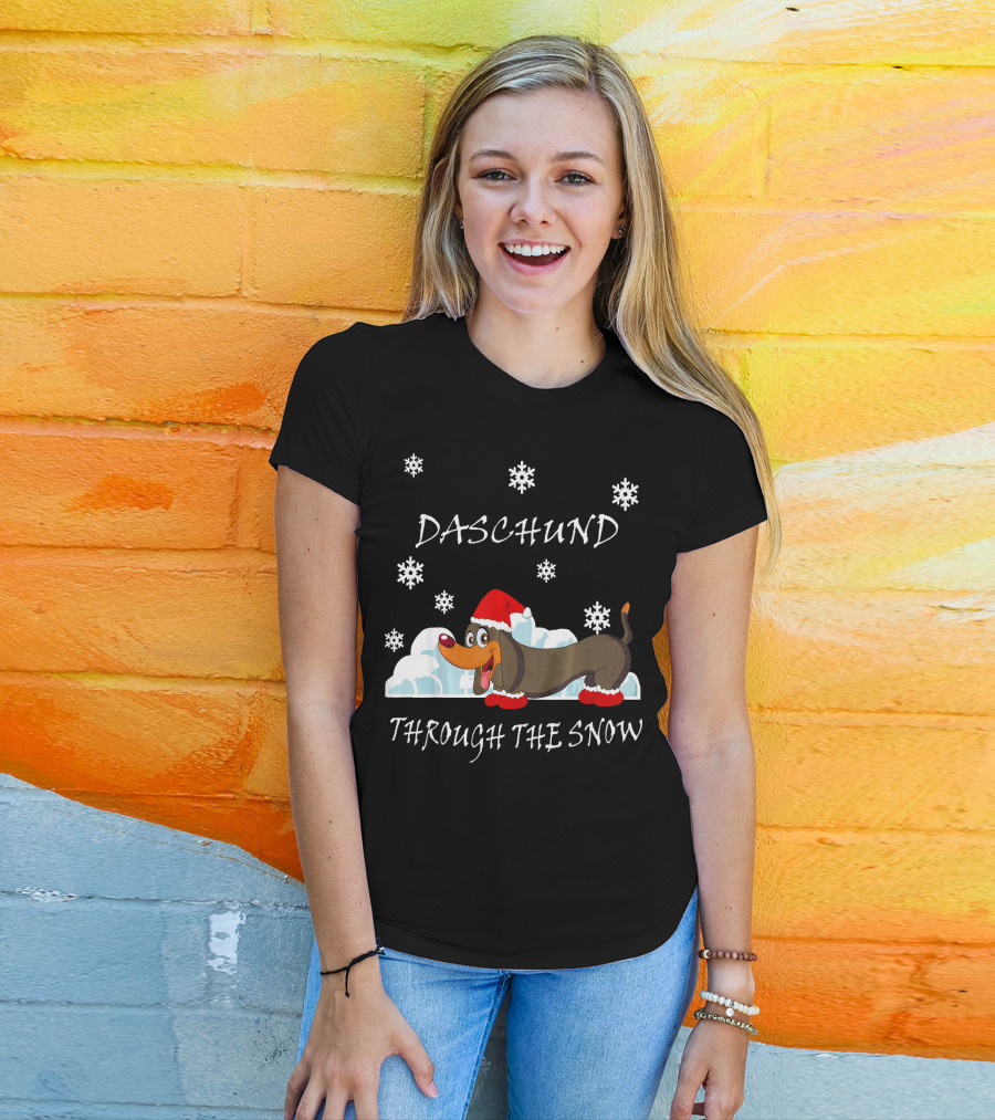 Daschund Through The Snow Santa Hat Snowflakes T-Shirt