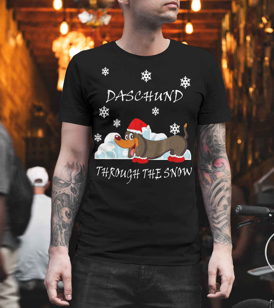 Daschund Through The Snow Santa Hat Snowflakes T-Shirt