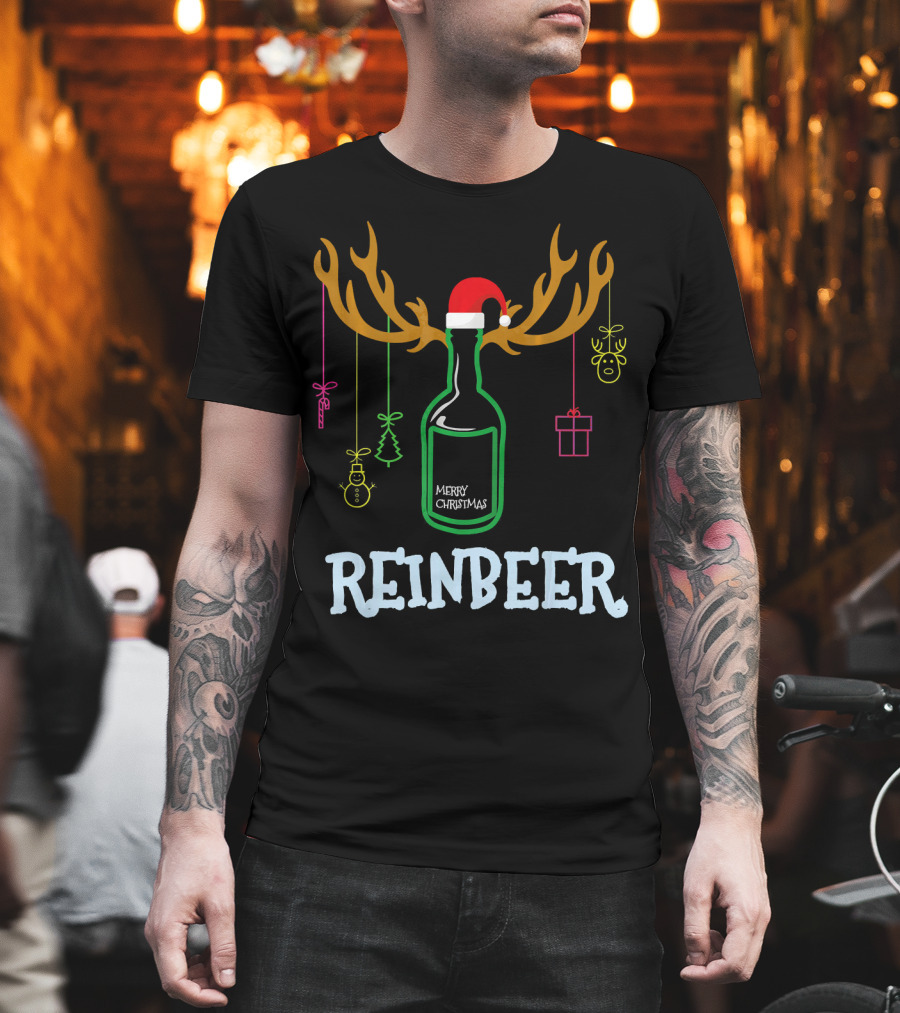 Reinbeer Merry Christmas Antler Bottle With Santa Hat And Hanging Decorations T-Shirt
