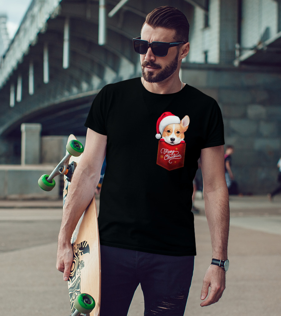 Merry Christmas Welsh Corgi In Santa Hat Pocket T-Shirt