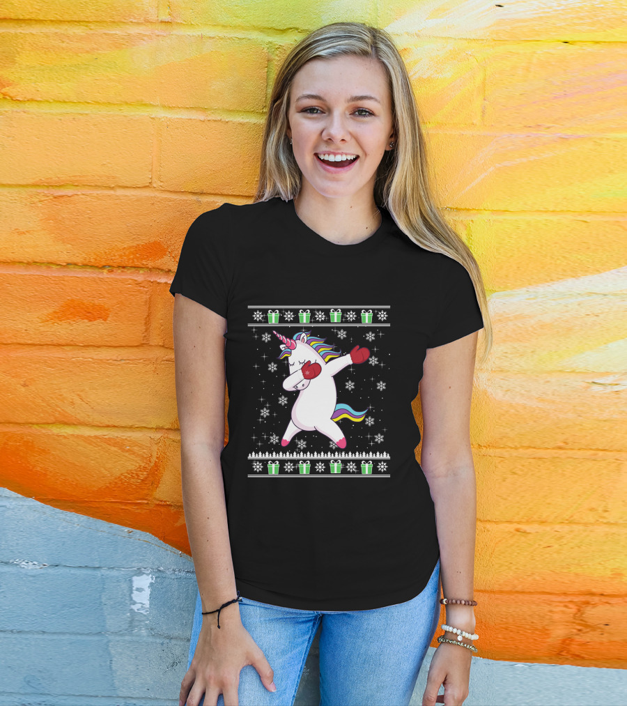 Dabbing Christmas Unicorn With Boxing Gloves Snowflakes And Gifts T-Shirt