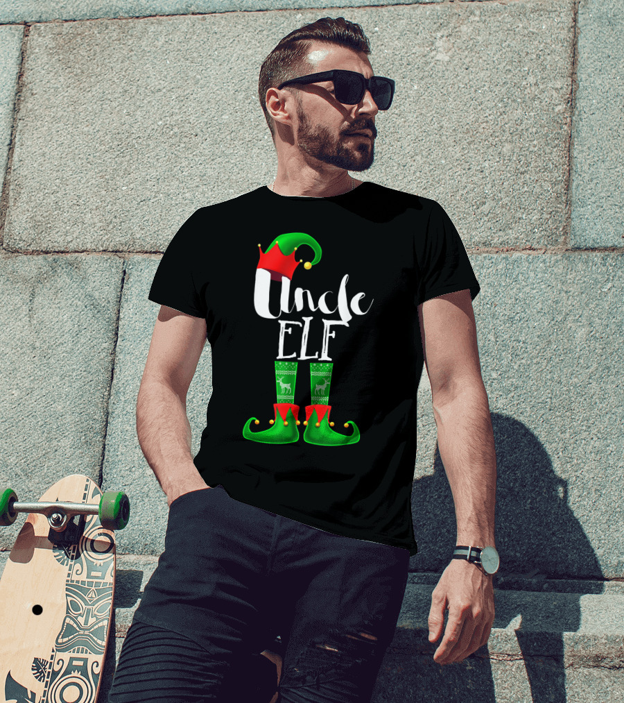 Uncle Elf Christmas Outfit With Santa Hat And Festive Green Boots T-Shirt
