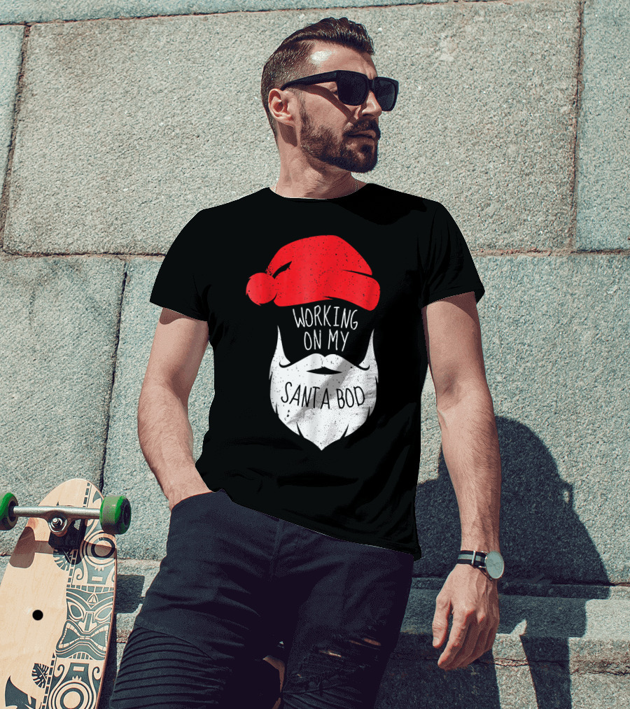 Mens Working On My Santa Bod Beard Santa Hat T-Shirt