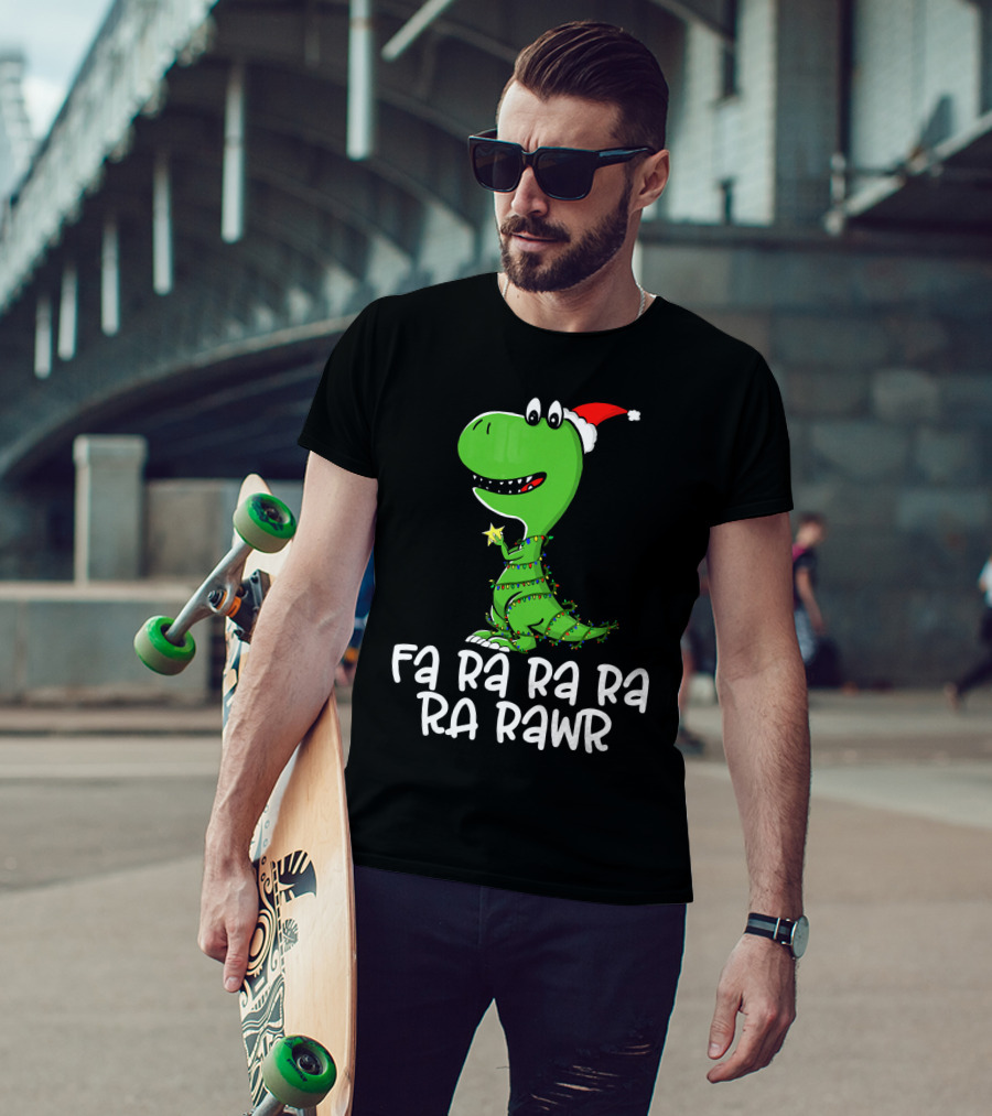 Fa Ra Ra Ra Rawr Dinosaur Christmas Lights Santa Hat T-Shirt