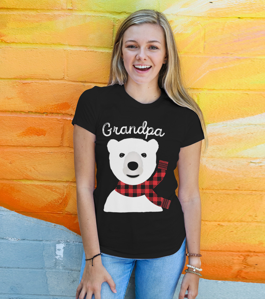 Grandpa Christmas Bear With Red Plaid Scarf Family Matching T-Shirt