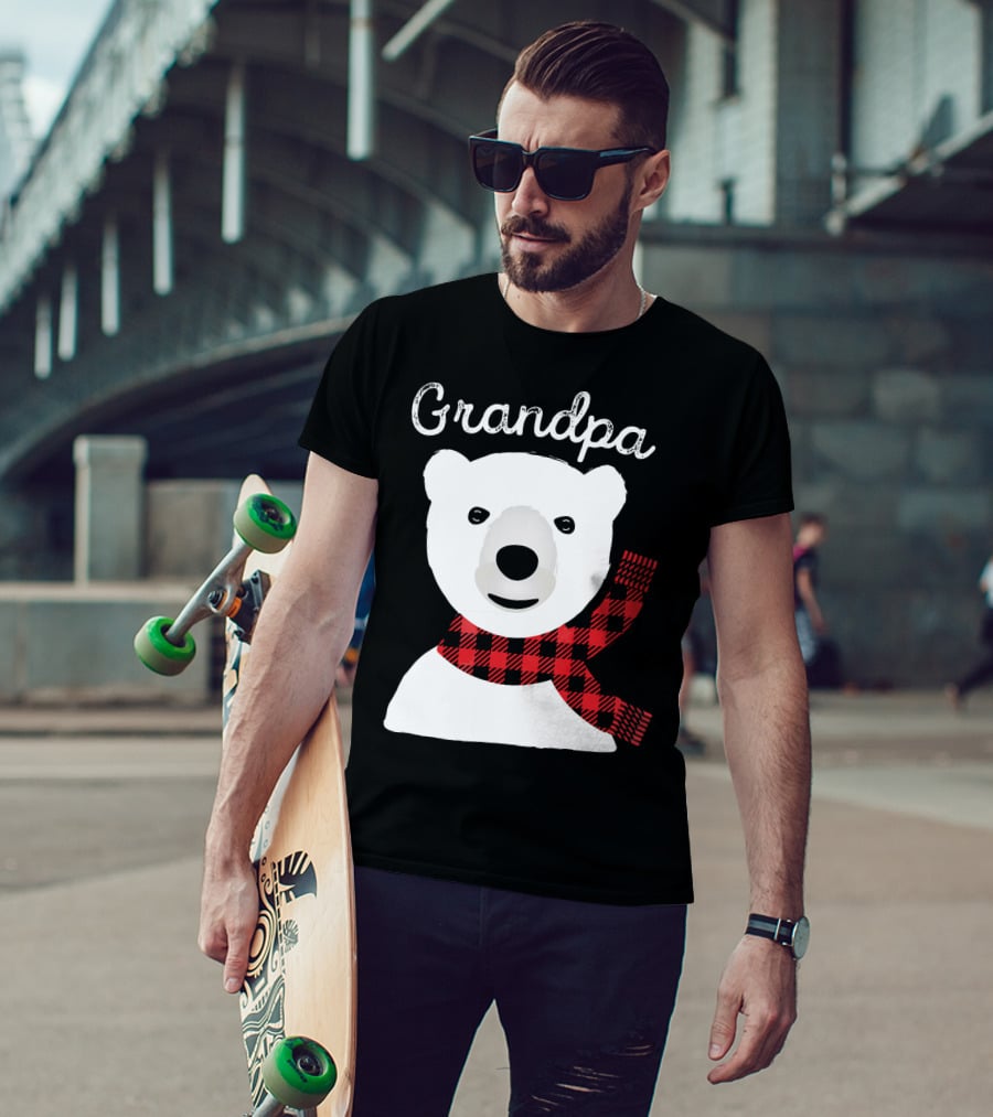 Grandpa Christmas Bear With Red Plaid Scarf Family Matching T-Shirt