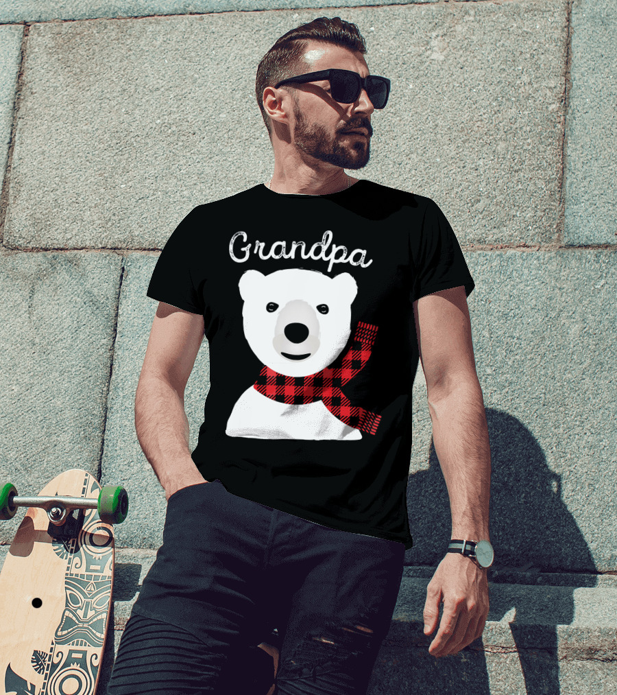 Grandpa Christmas Bear With Red Plaid Scarf Family Matching T-Shirt