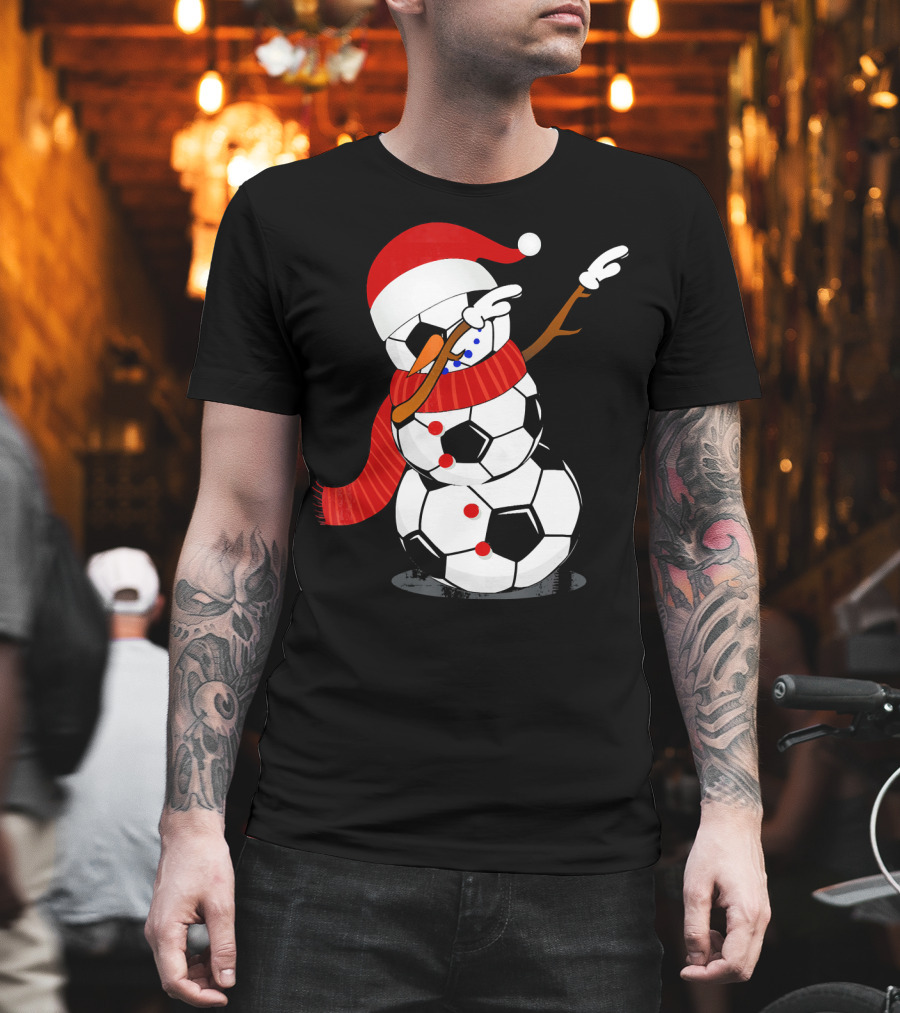 Festive Soccer Ball Dabbing Snowman With Santa Hat And Scarf T-Shirt
