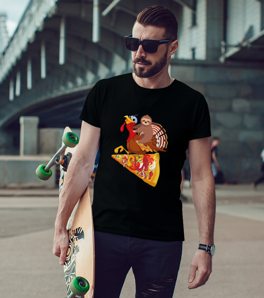 Sloth Riding Turkey On Pizza Slice Surreal Fun T-Shirt