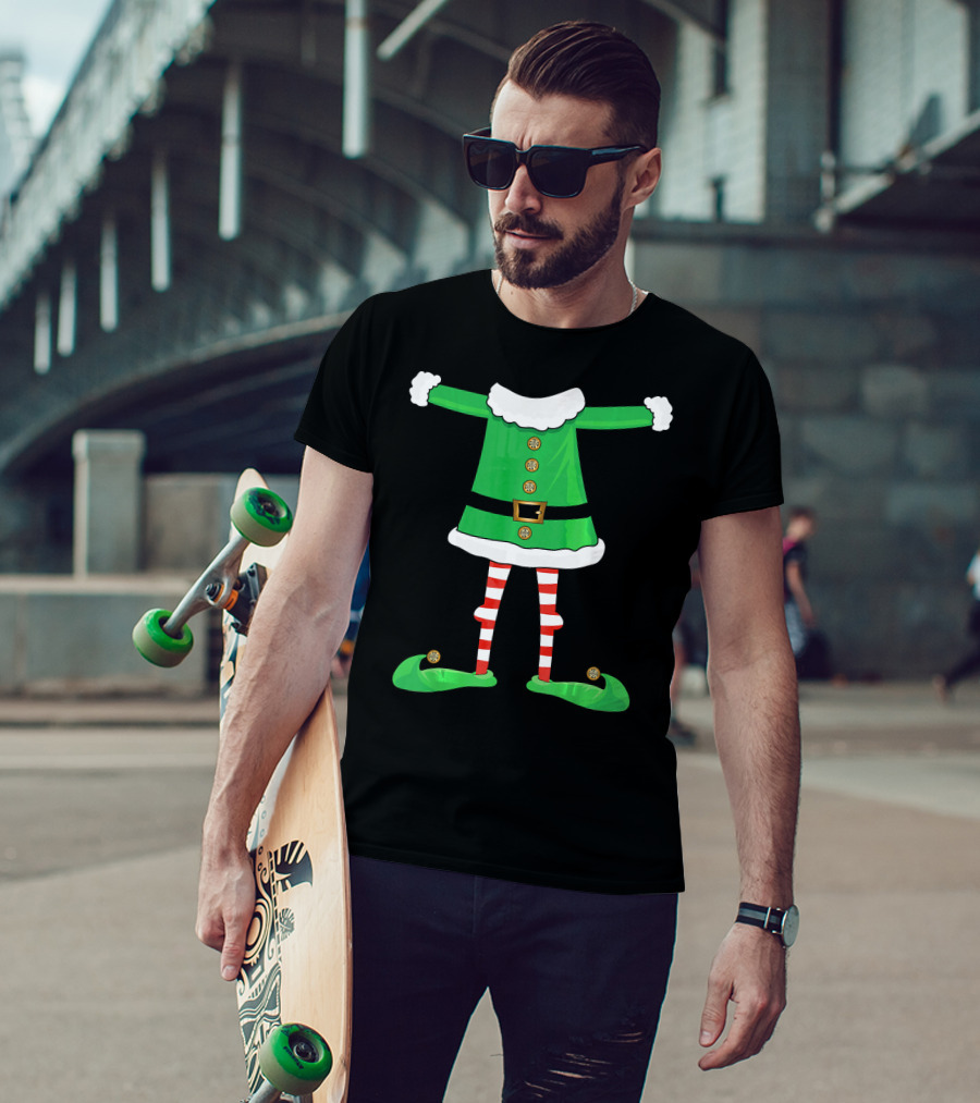 Santa Elf Suit Green Costume With Red Striped Tights And Green Shoes T-Shirt