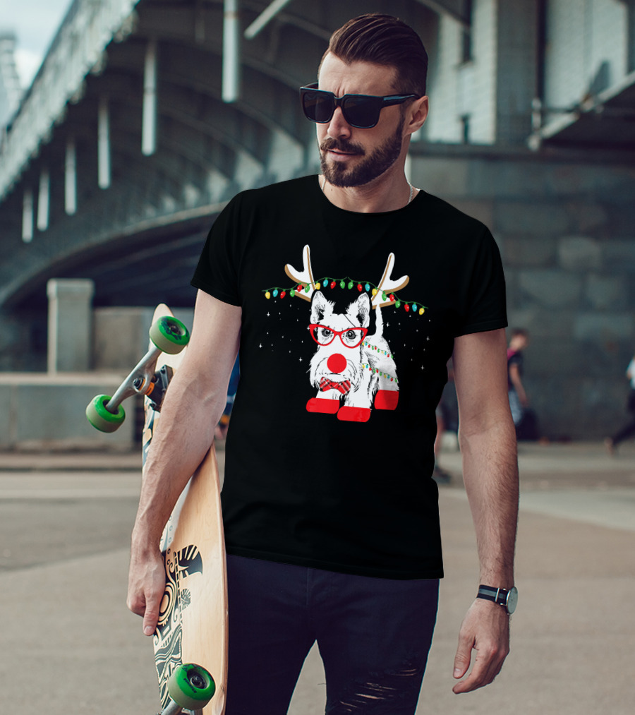 Scottie Dog Christmas Reindeer Lights And Bow Tie T-Shirt
