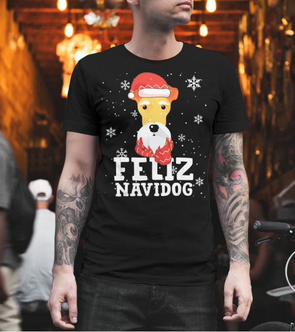 Feliz Navidog Fox Terrier Wire Dog Santa Hat Snowflakes T-Shirt Feliz Navidog Fox Terrier Wire Dog Santa Hat Snowflakes T-Shirt