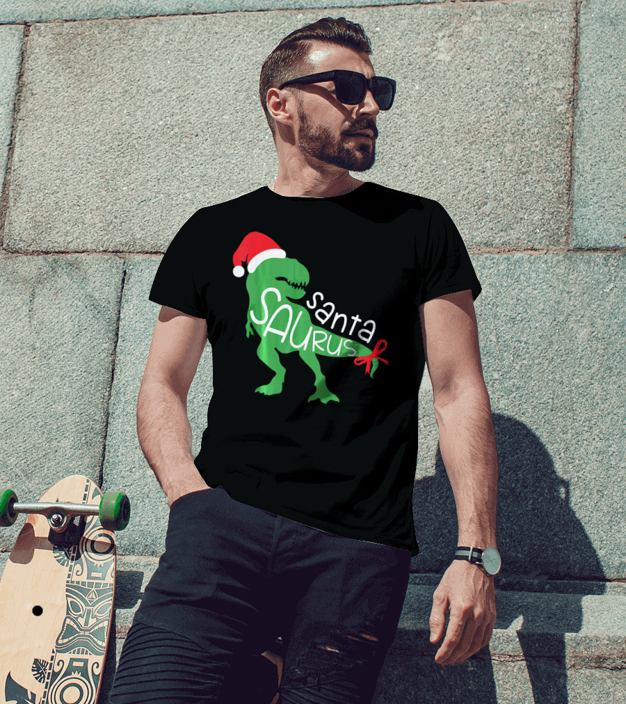 T Rex Dinosaur Santa Saurus Merry Funny Christmas Hat T-Shirt