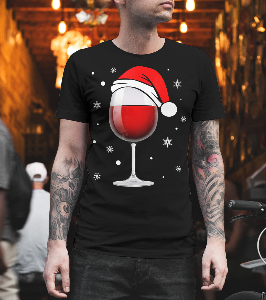 Santa Hat Wine Glass Funny Christmas Holid Snowflakes T-Shirt