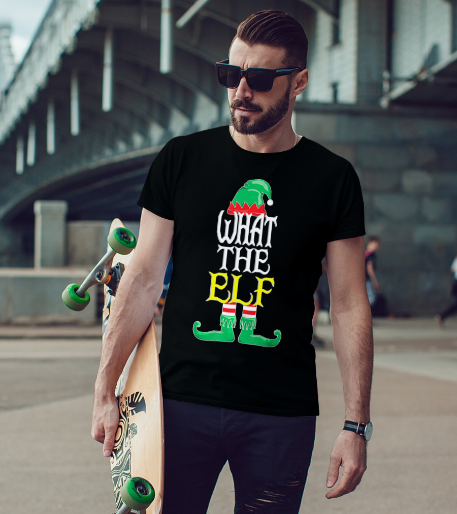 WHAT THE ELF Funny Christmas Elf Hat And Shoes T-Shirt