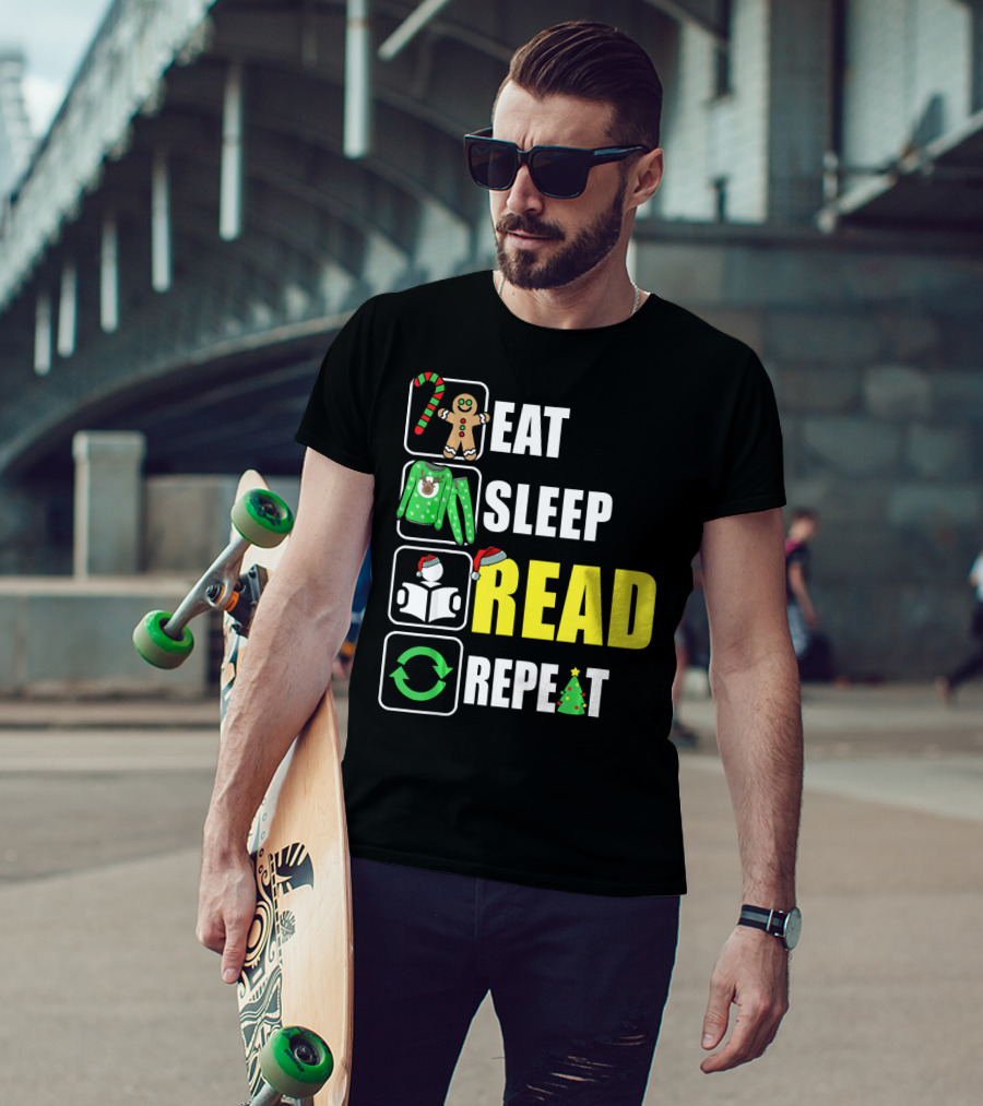 Eat Sleep Read Repeat Christmas Gingerbread Candy Cane Sweater Book Tree T-Shirt