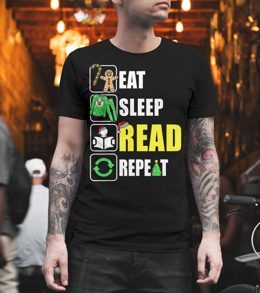Eat Sleep Read Repeat Christmas Gingerbread Candy Cane Sweater Book Tree T-Shirt