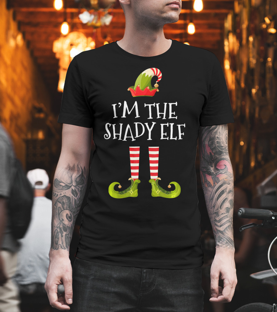 I'm The Shady Elf Christmas Costume Striped Socks Festive Hat Green Shoes T-Shirt