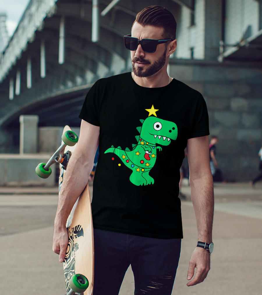 Christmas Dinosaur Rex With Star And Lights T-Shirt