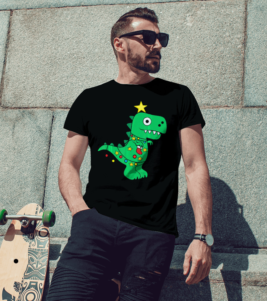 Christmas Dinosaur Rex With Star And Lights T-Shirt