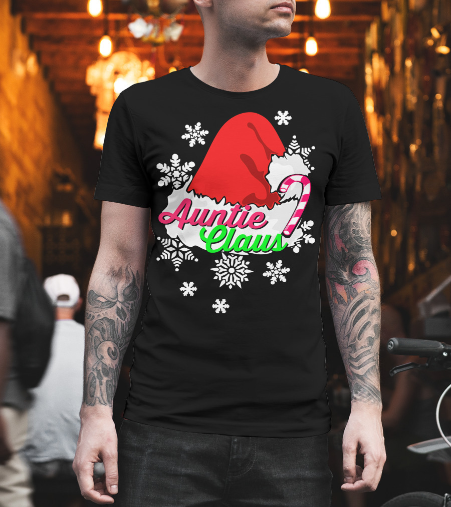 Auntie Claus Christmas Candy Cane Snowflakes Santa Hat T-Shirt