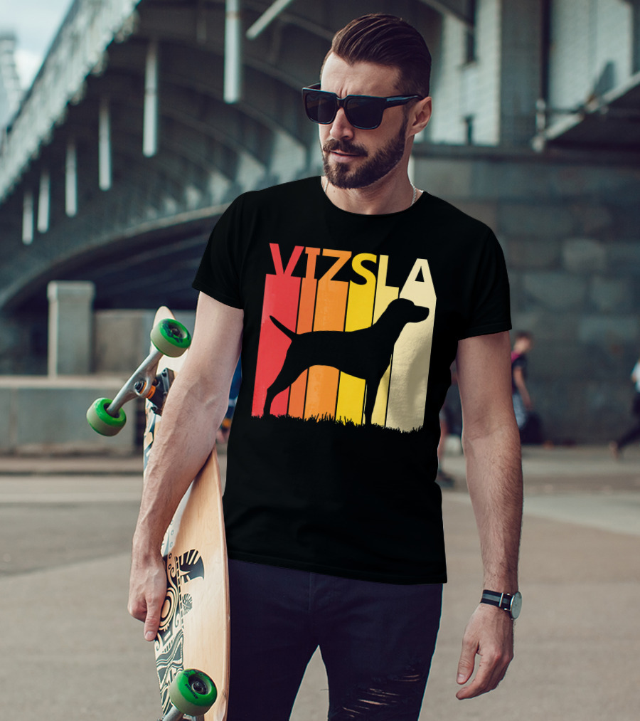 Retro Vizsla Dog Silhouette With Gradient Stripes T-Shirt