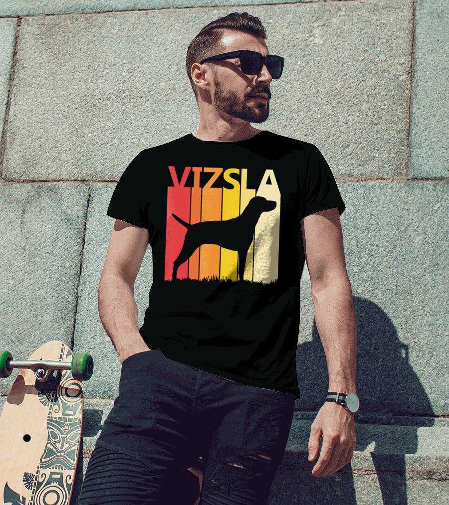Retro Vizsla Dog Silhouette With Gradient Stripes T-Shirt