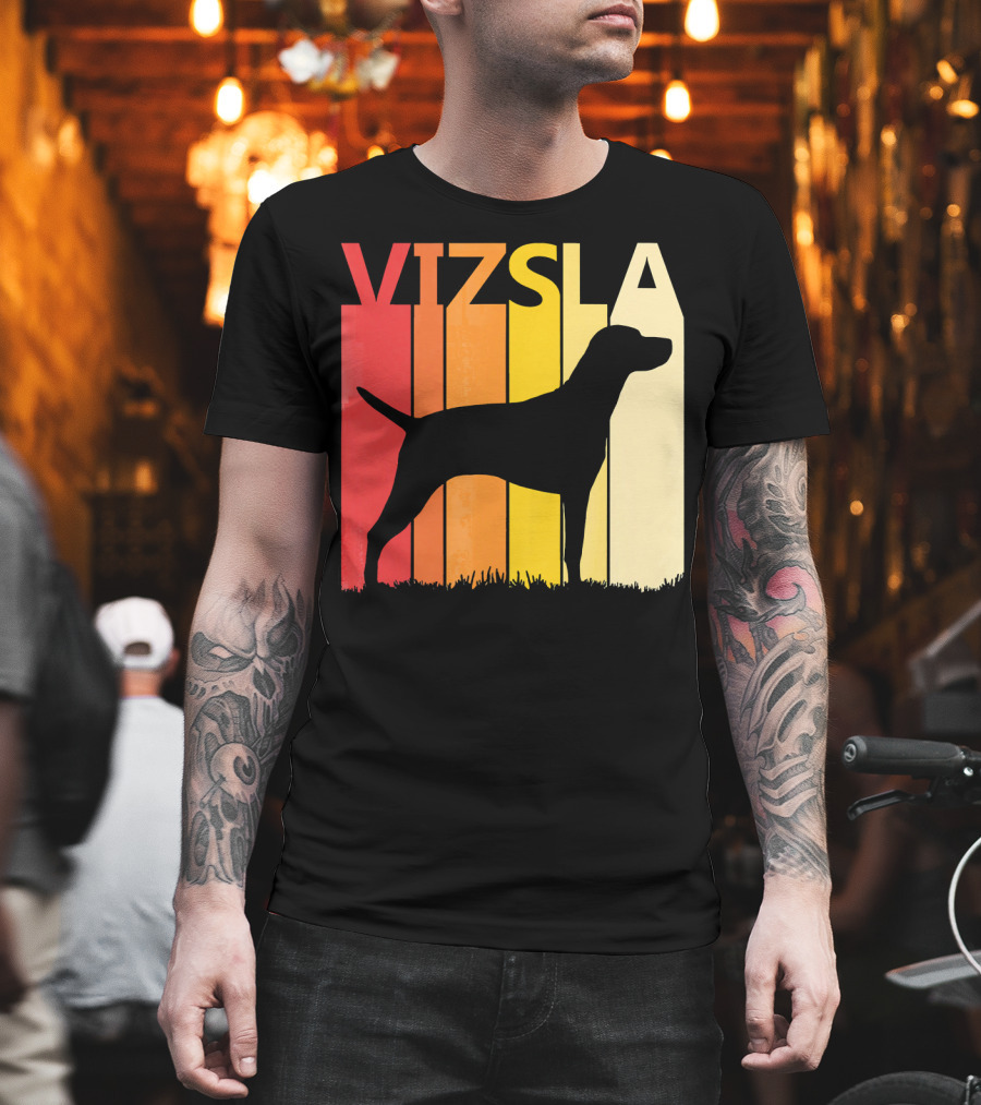 Retro Vizsla Dog Silhouette with Gradient Stripes T-Shirt