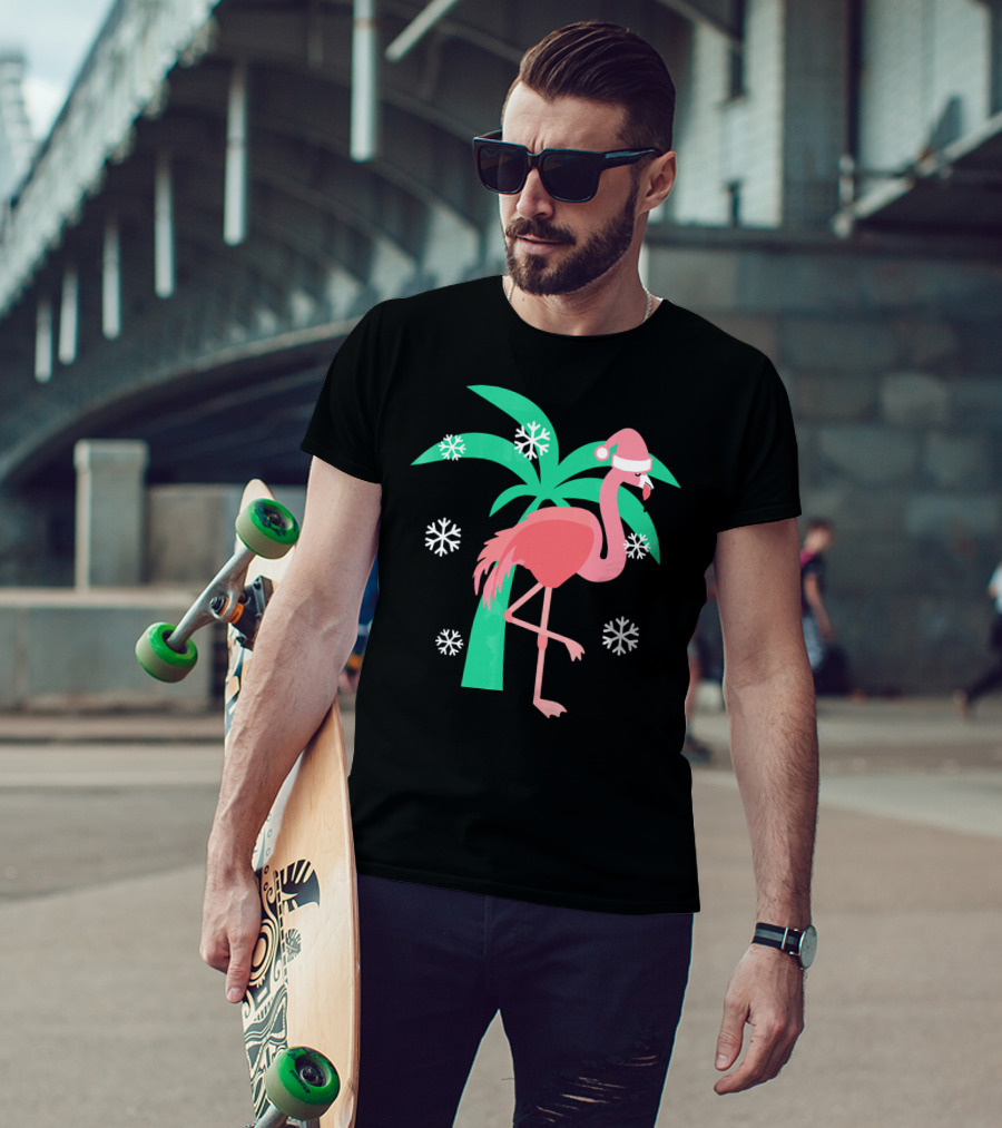 Pink Flamingo With Santa Hat And Palm Tree Snowflakes Christmas T-Shirt